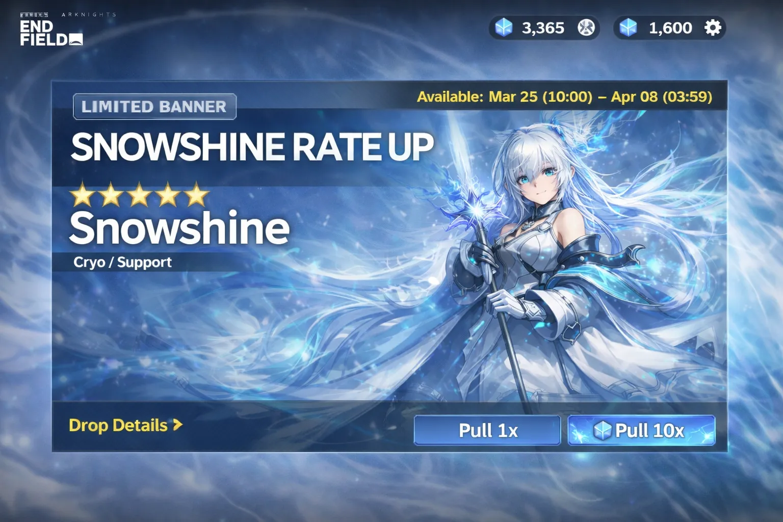 Arknights Endfield Snowshine rate up banner summon screen 2026