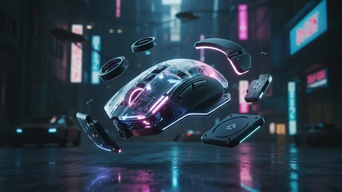 futuristic modular gaming mouse exploded view with RGB lighting