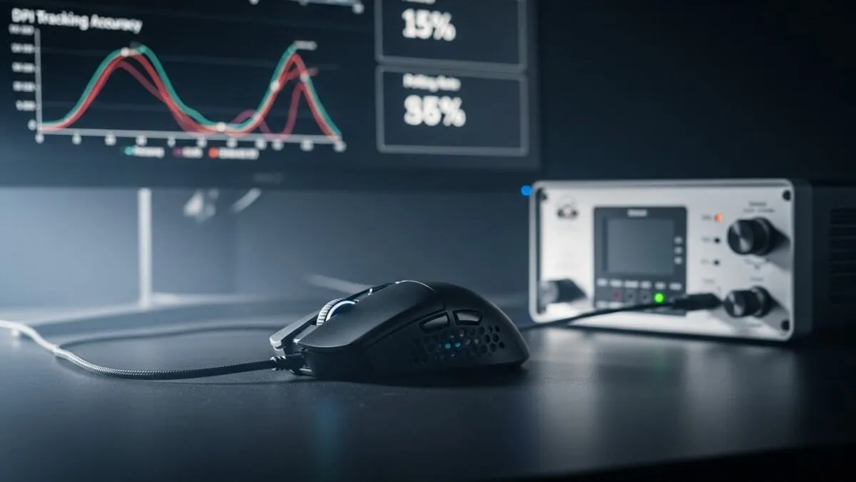 gaming mouse connected to testing device showing dpi tracking accuracy and sensor performance graphs on screen in professional lab setup