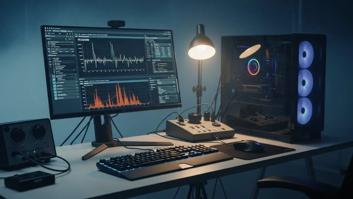professional gaming performance testing setup showing FPS graphs and input latency analysis on monitor with keyboard and mouse connected to measurement equipment
