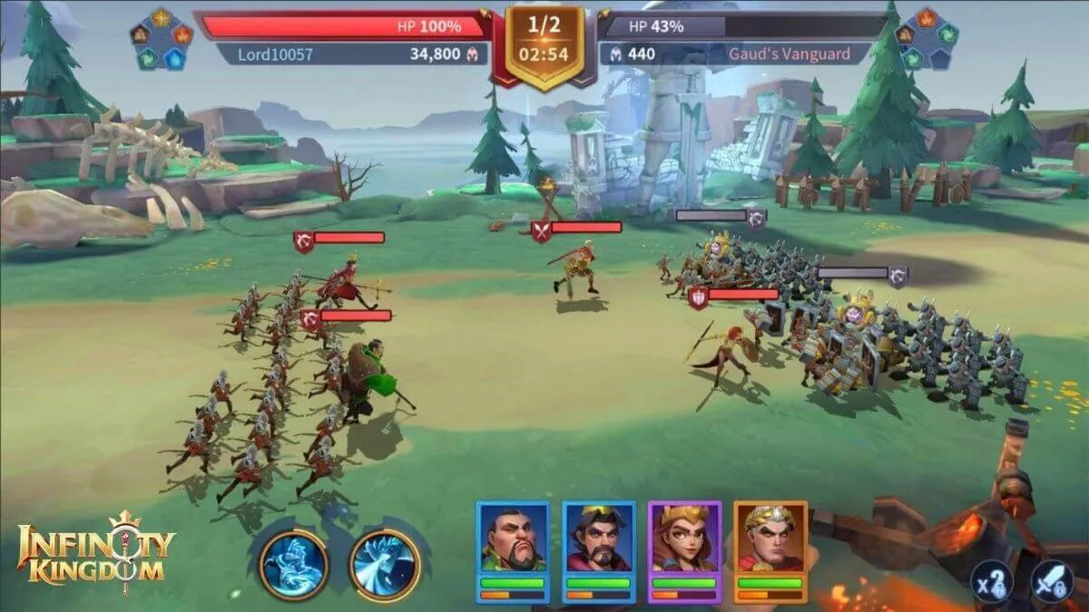 Infinity Kingdom PvP battle showing troop formations and immortals