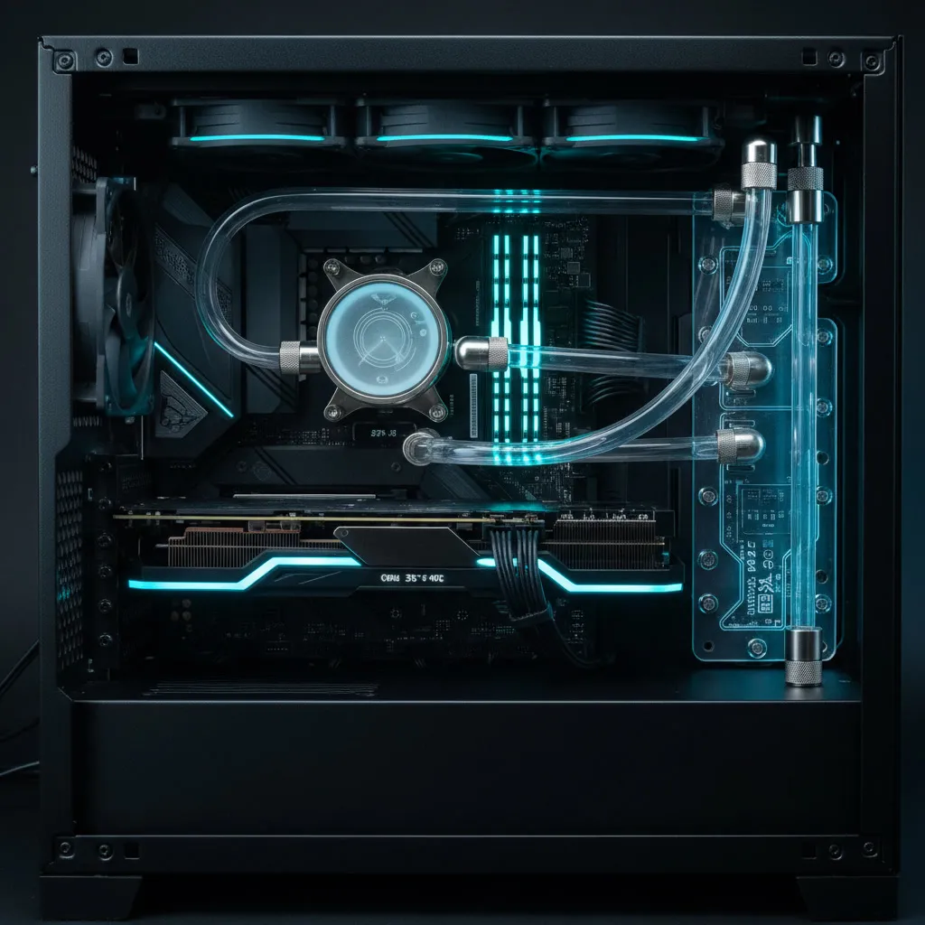 Custom liquid cooling loop inside a gaming PC, illustrating how complex cooling systems use pumps, tubing, and radiators to maintain stable CPU temperatures under heavy workloads.
