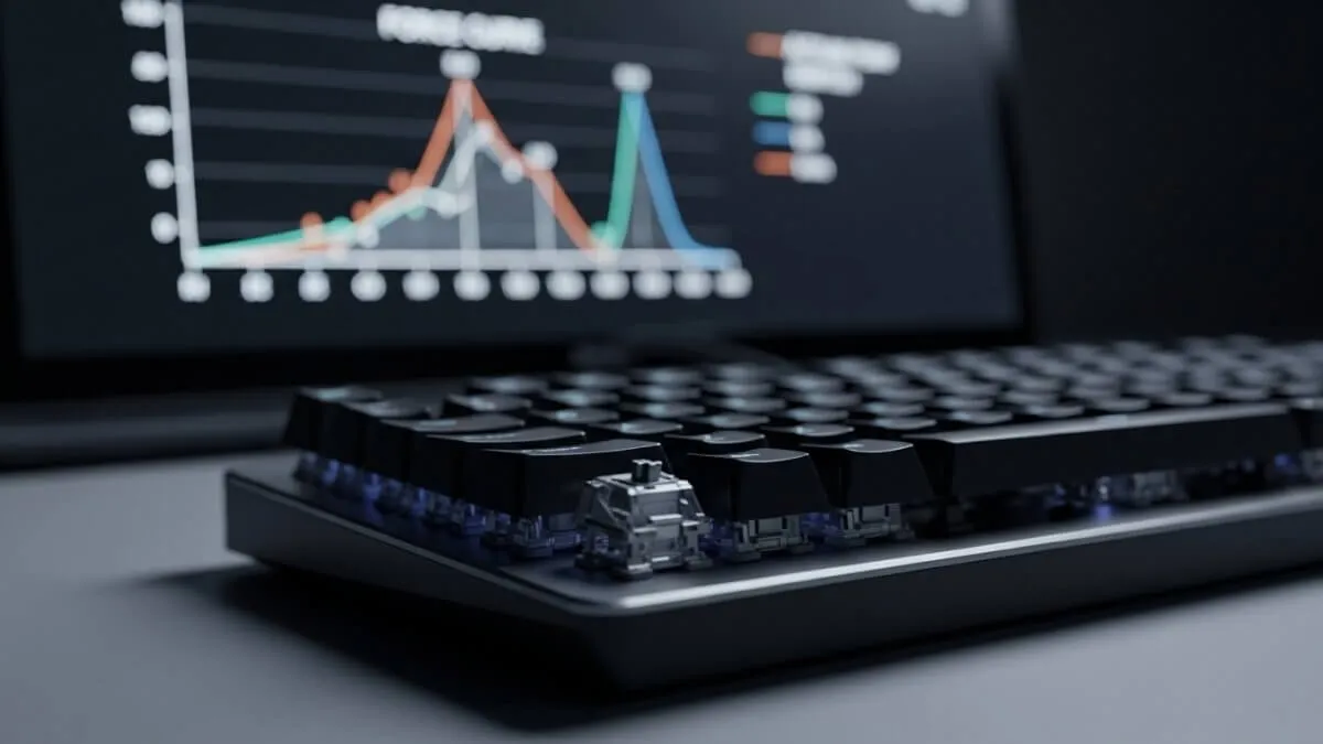 mechanical keyboard switch close up showing actuation mechanism with background graph illustrating response time and force curve performance