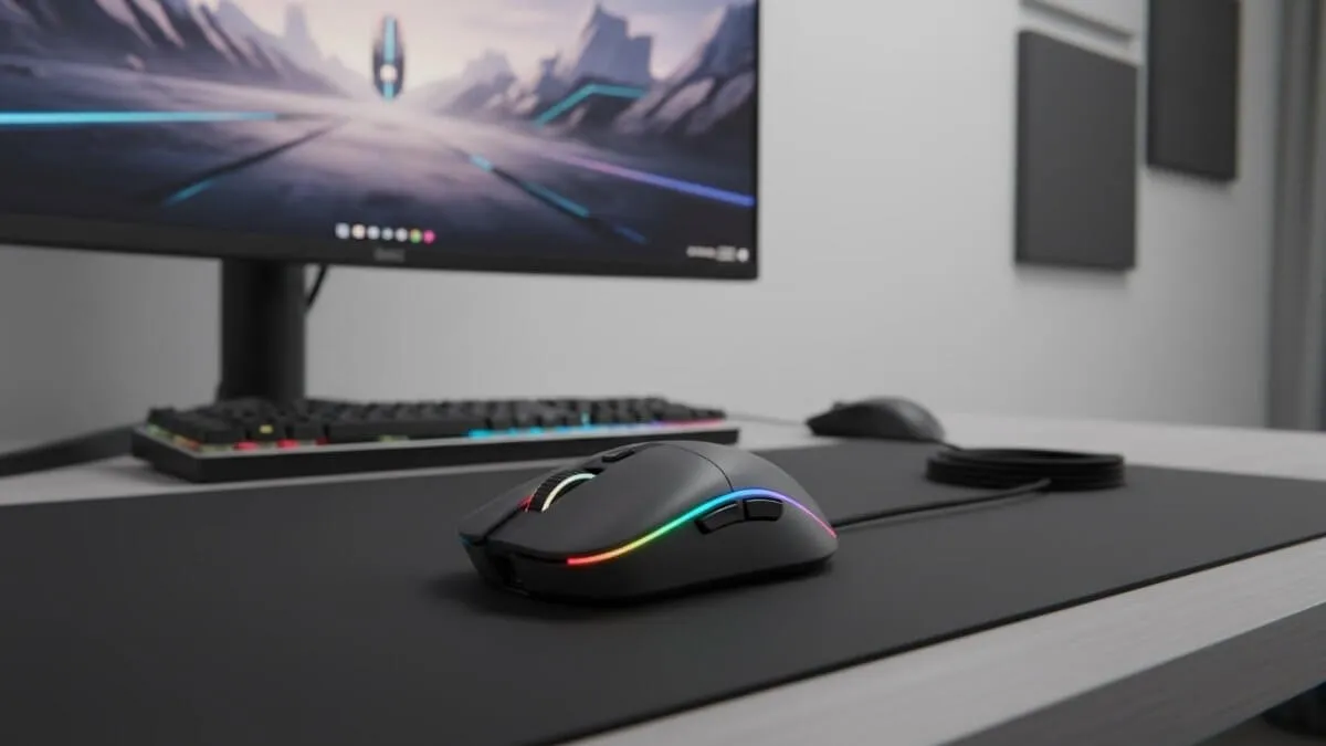 symmetrical gaming mouse with RGB lighting on gaming desk setup