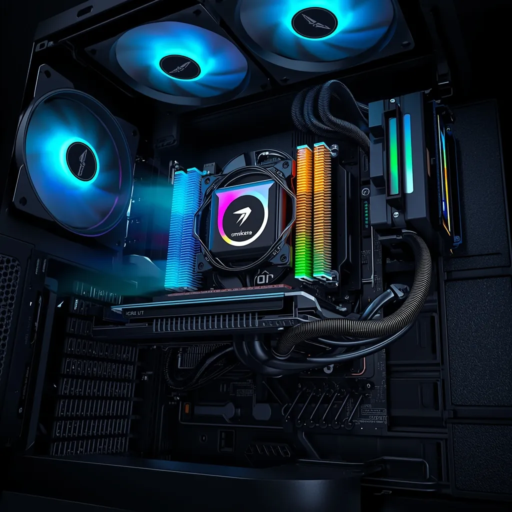 High-performance gaming PC interior featuring an AIO liquid CPU cooler with radiator and airflow-focused cooling setup designed to maintain stable temperatures under heavy gaming loads.