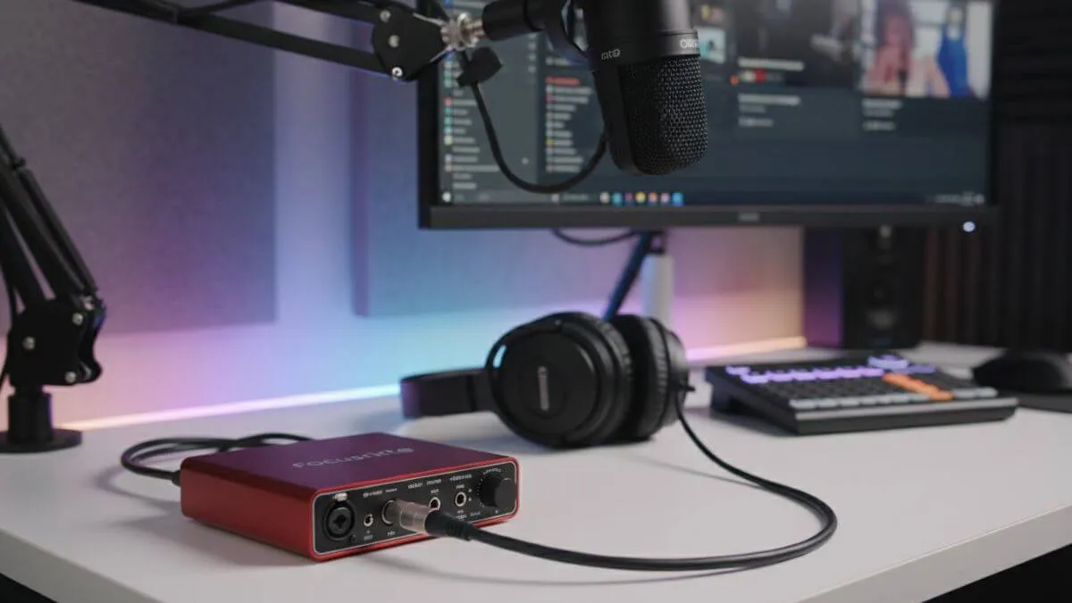 audio interface connected to microphone for streaming setup