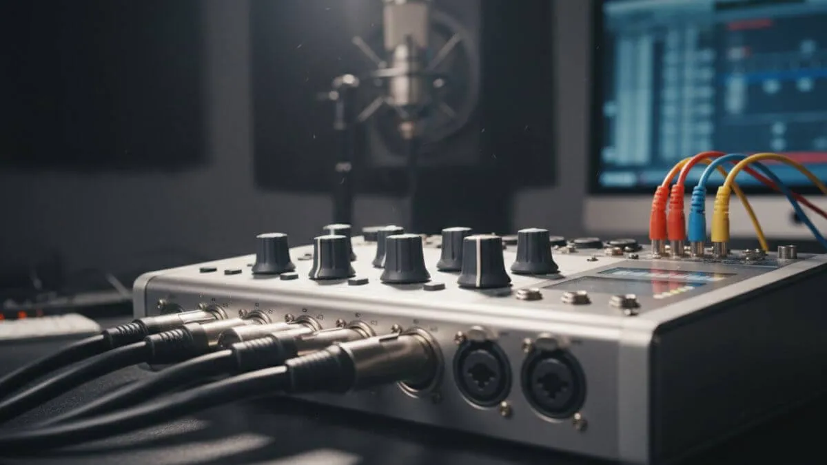 audio interface with XLR inputs and control knobs close up