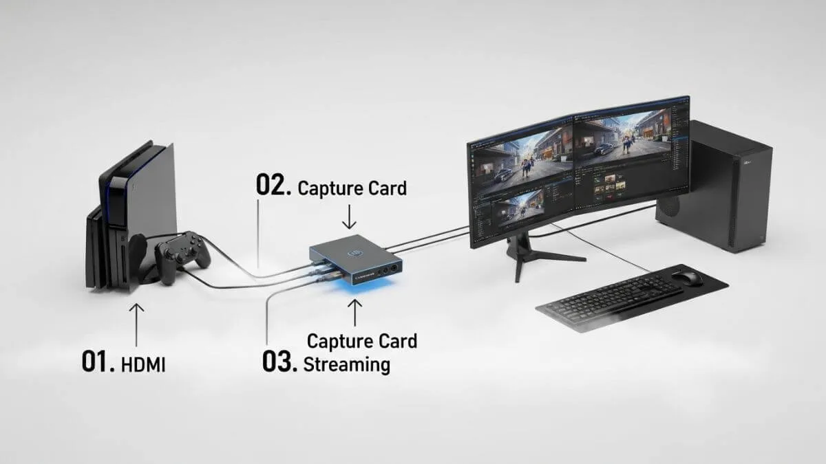 capture card setup diagram showing console to PC HDMI connection for streaming