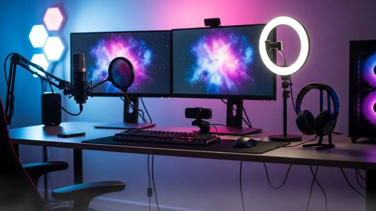 complete streaming setup with microphone, webcam, and lighting