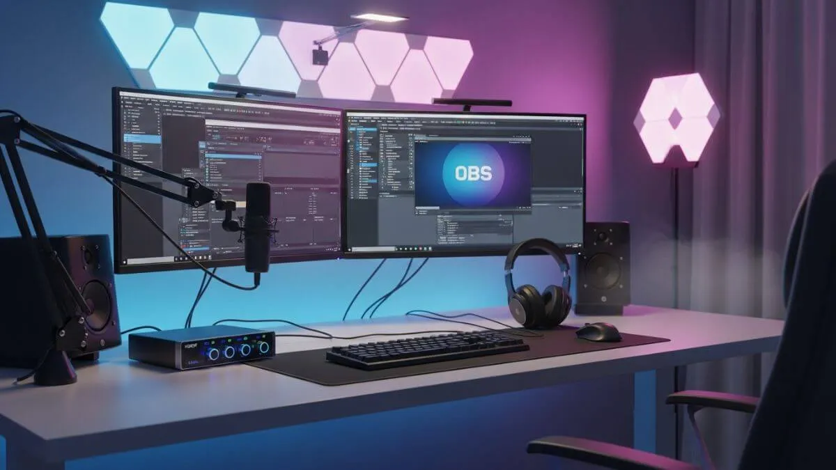 complete streaming setup with audio interface, microphone, and OBS software