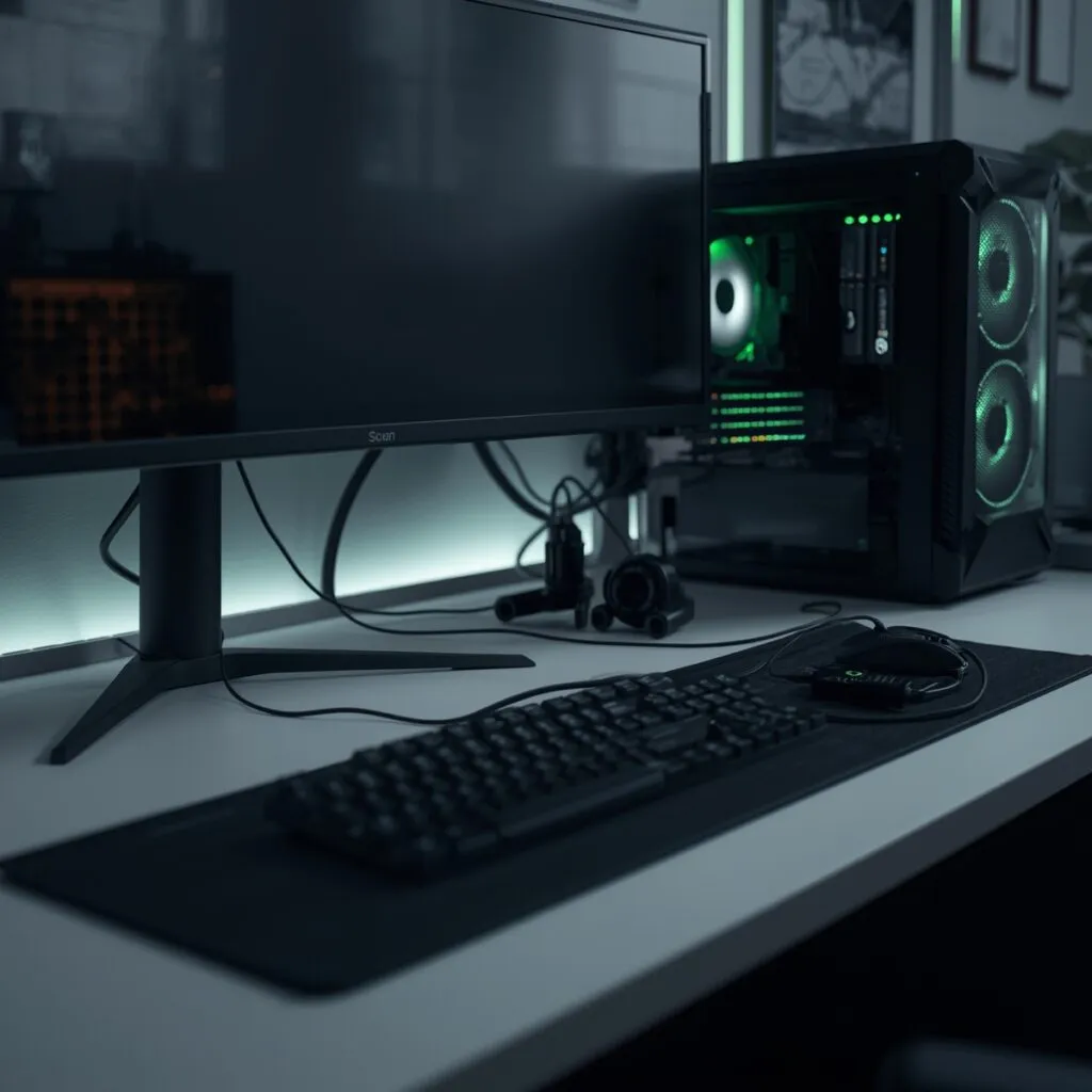 Organized gaming desk showing effective cable management under the desk
