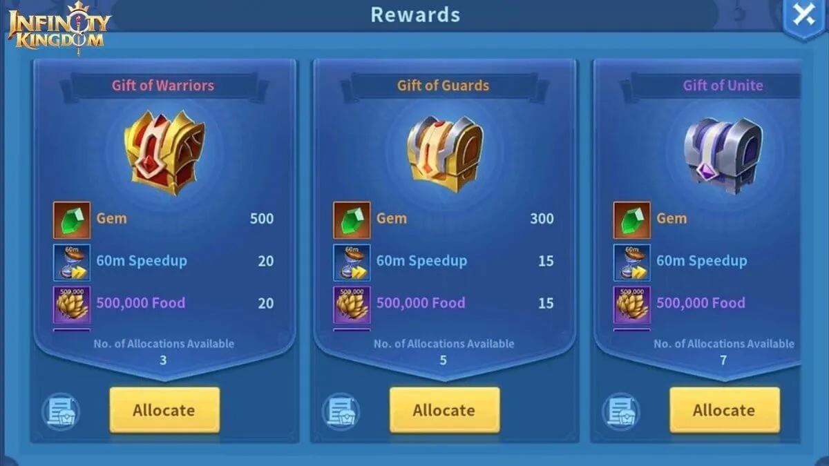 Infinity Kingdom alliance chest rewards showing gems, speedups, and resources