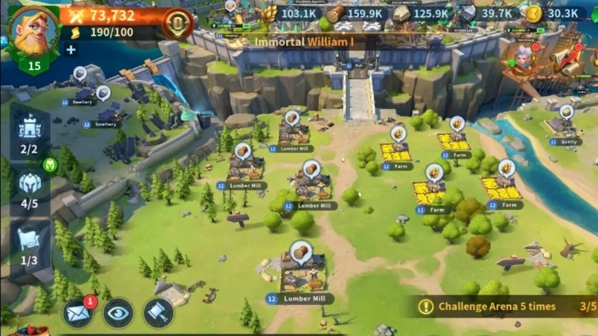 Infinity Kingdom city resource buildings showing farms and lumber mills
