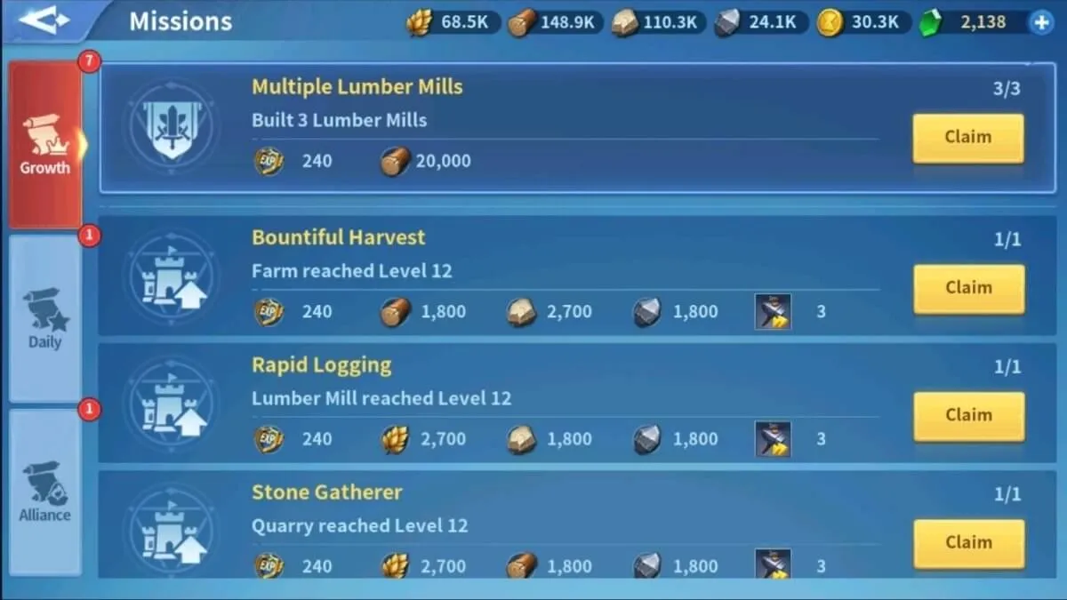 Infinity Kingdom daily quests, missions, and rewards screen
