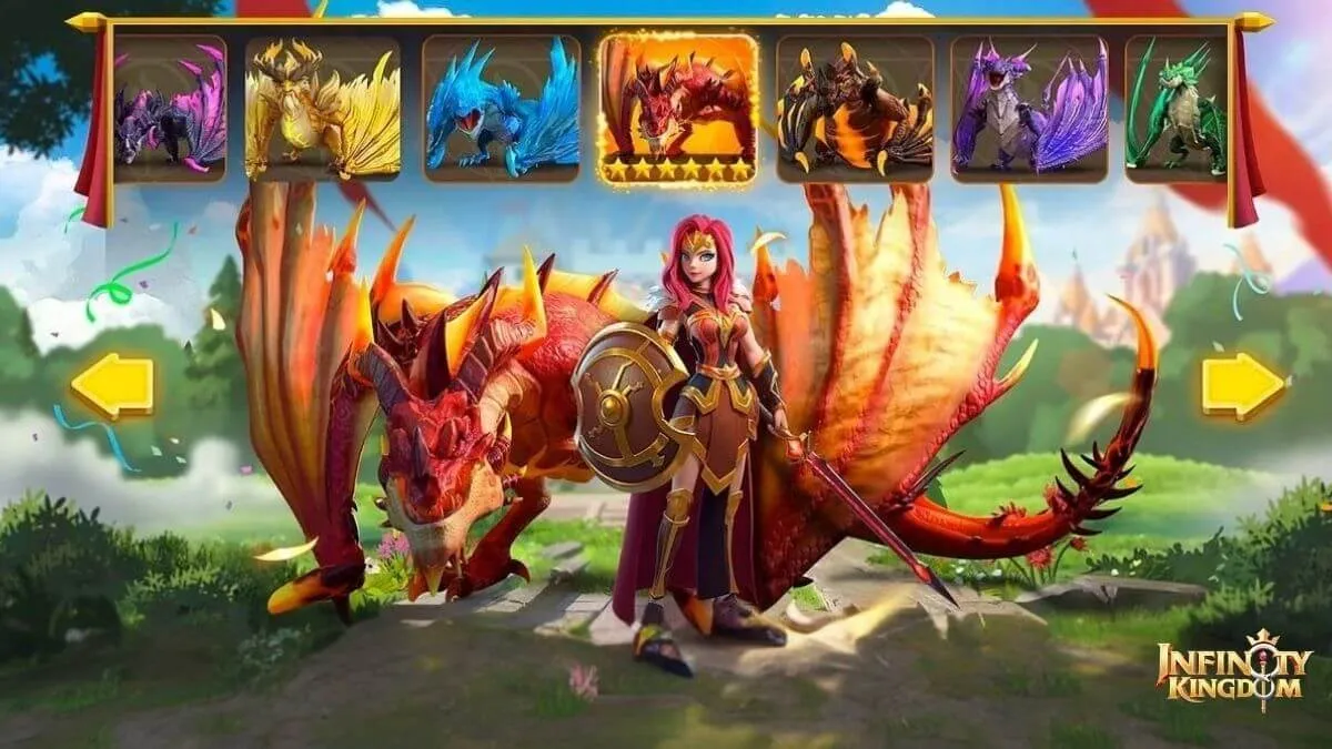 Infinity Kingdom dragon skill system showcasing fire dragon abilities for PvP and PvE combat strategy