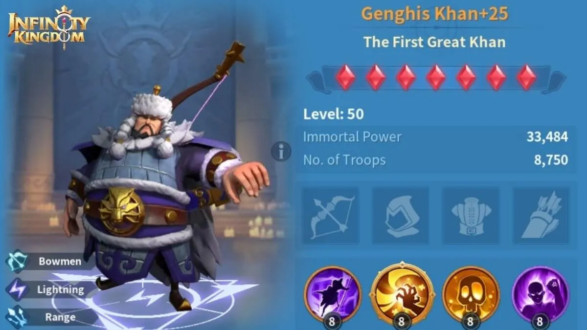 Infinity Kingdom Genghis Khan earth cavalry immortal character showing skills