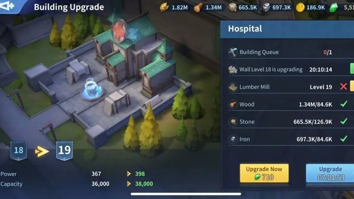 Infinity Kingdom hospital upgrade screen showing troop healing capacity and why it should not be ignored