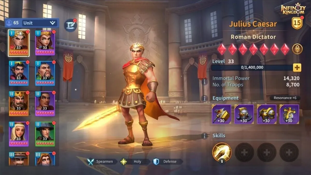 Julius Caesar character in Infinity Kingdom standing in a grand hall with armor and glowing light, S-tier commander showcase