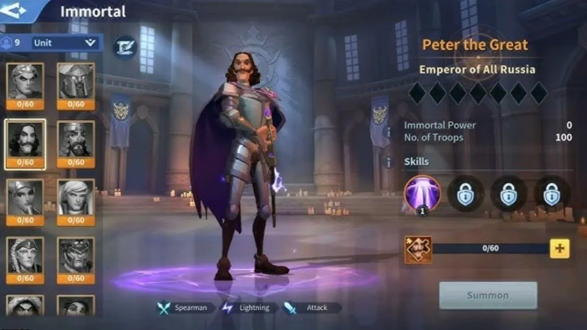 Peter the Great immortal character in Infinity Kingdom showing lightning skill