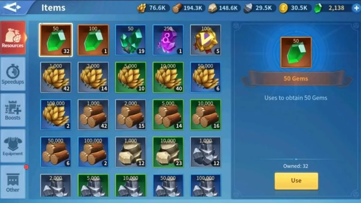 Infinity Kingdom resources inventory showing gems, gold, wood and stone items for resource management strategy