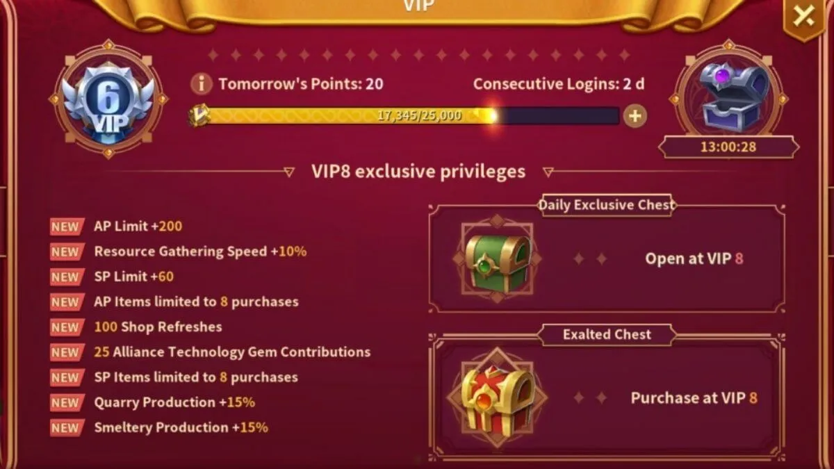 Infinity Kingdom VIP level bonuses showing resource production and gathering boosts