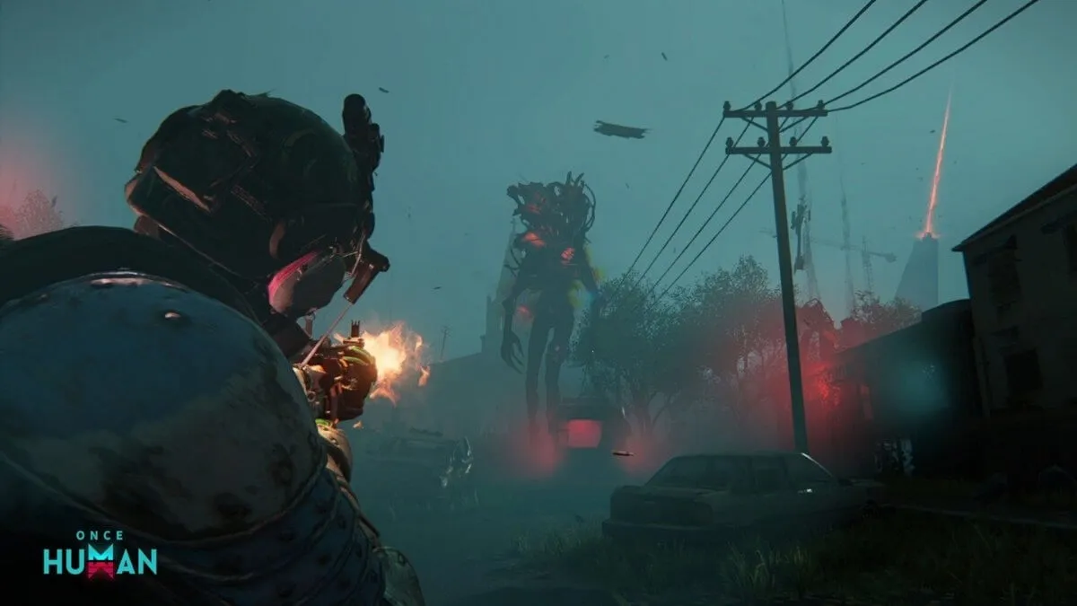 Once Human aberrant enemy combat scene with player shooting a giant mutated creature in a post-apocalyptic environment