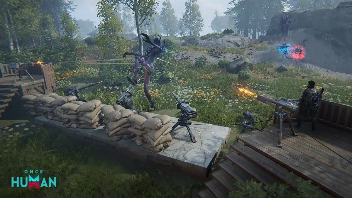 once human base defense turrets protecting a base