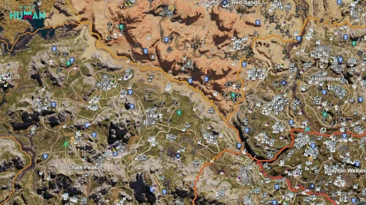 Once Human farming locations map showing key resource areas like Chalk Peak, Iron River and Dayton Wetlands