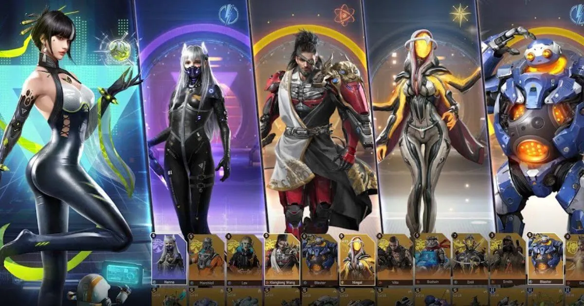 Project Entropy heroes and units roster showing characters, abilities, and mech combinations on PC