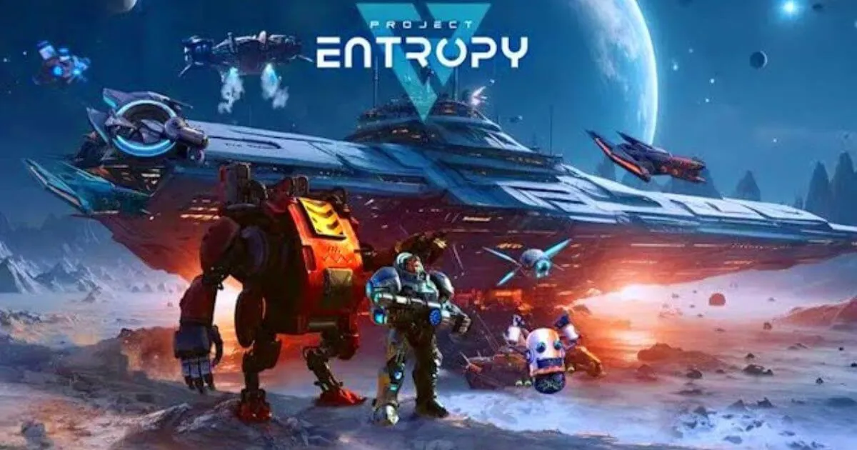 Project Entropy PC gameplay overview featuring spaceship base, mech units, and sci-fi environment on an alien world